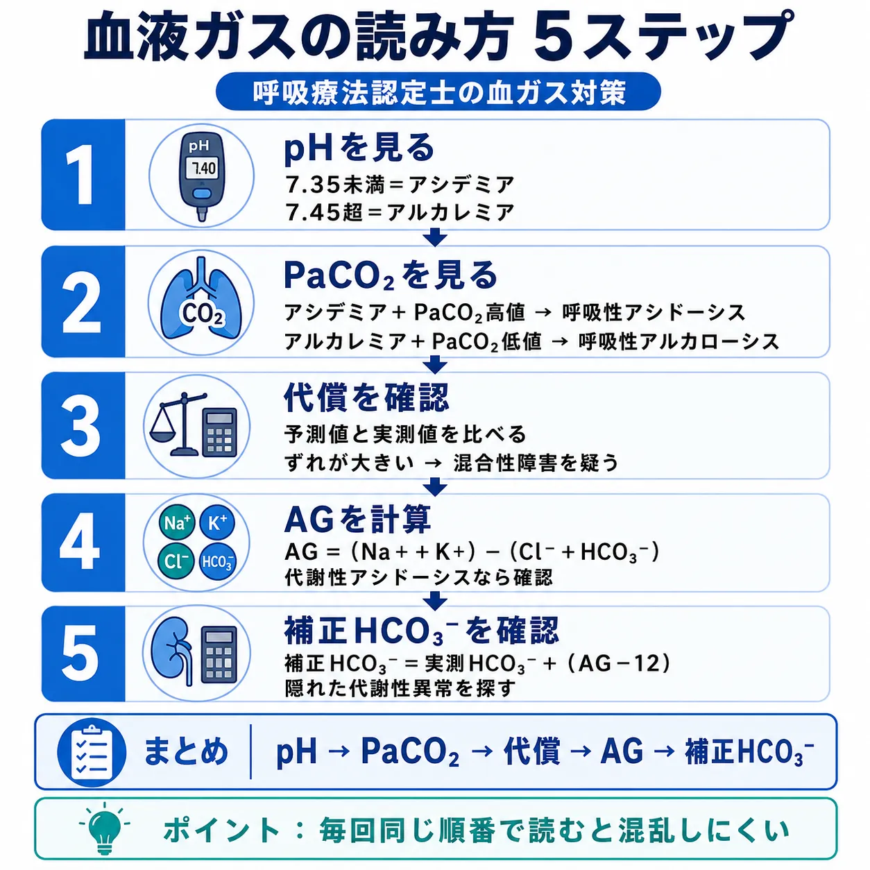 血液ガスの読み方5ステップの全体像。pH→PaCO2→代償→アニオンギャップ→補正HCO3−の順に確認する流れを示した図