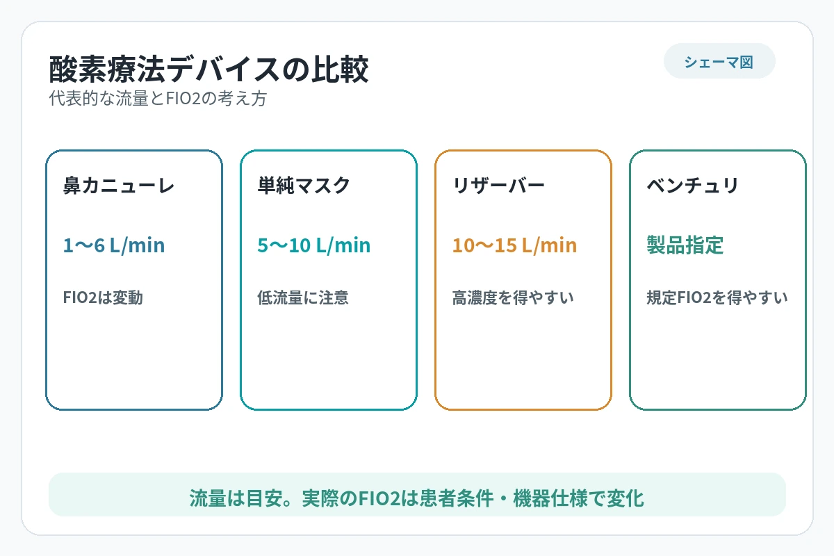 鼻カニューレ、単純酸素マスク、リザーバーマスク、ベンチュリーマスクの流量と特徴比較