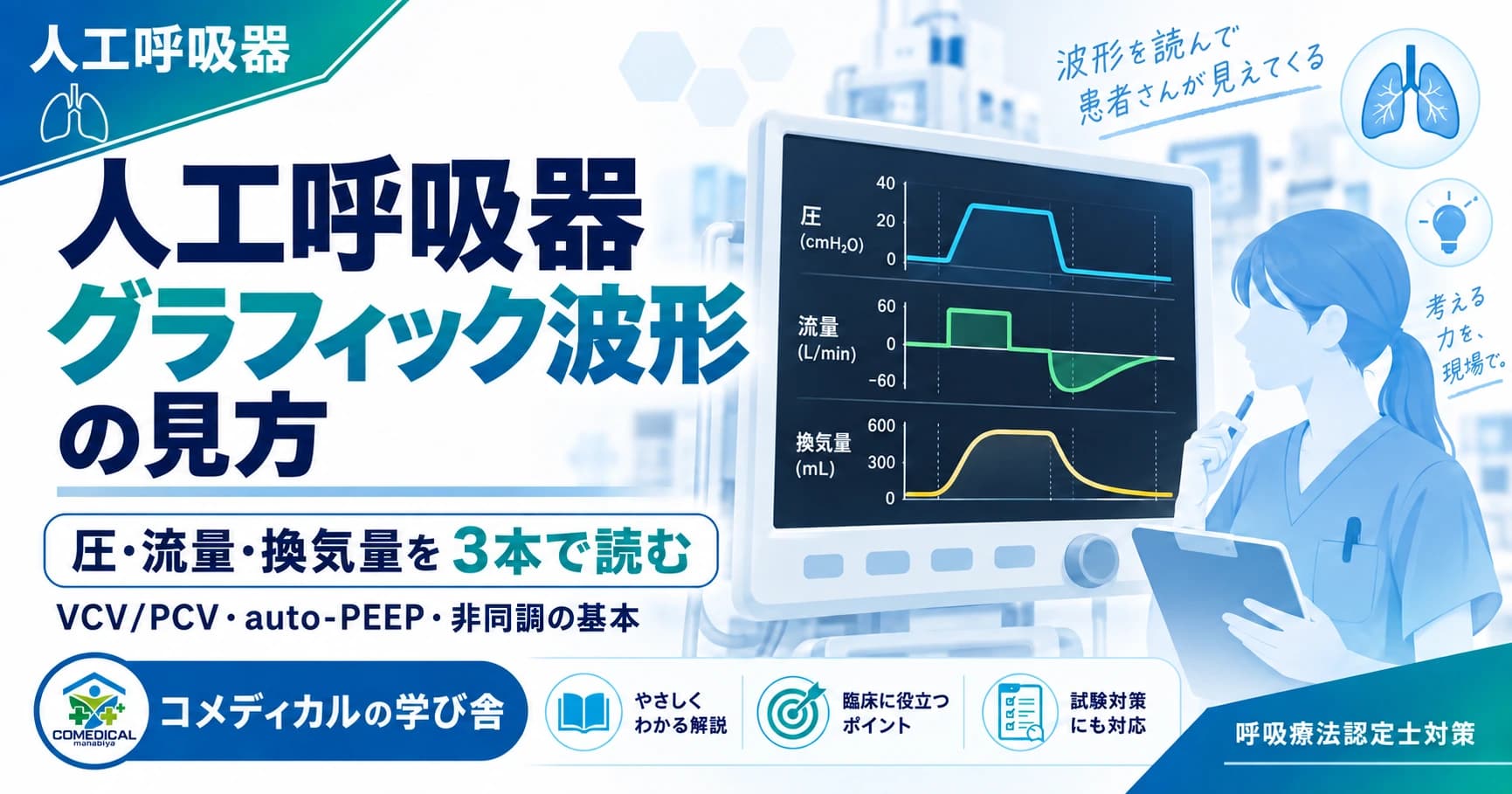 人工呼吸器グラフィック波形の見方｜圧・流量・換気量をどう読む？呼吸療法認定士対策